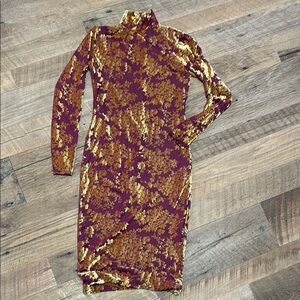 Amanda Uprichard Red and Gold Bodycon Long Sleeve Mock Neck Dress